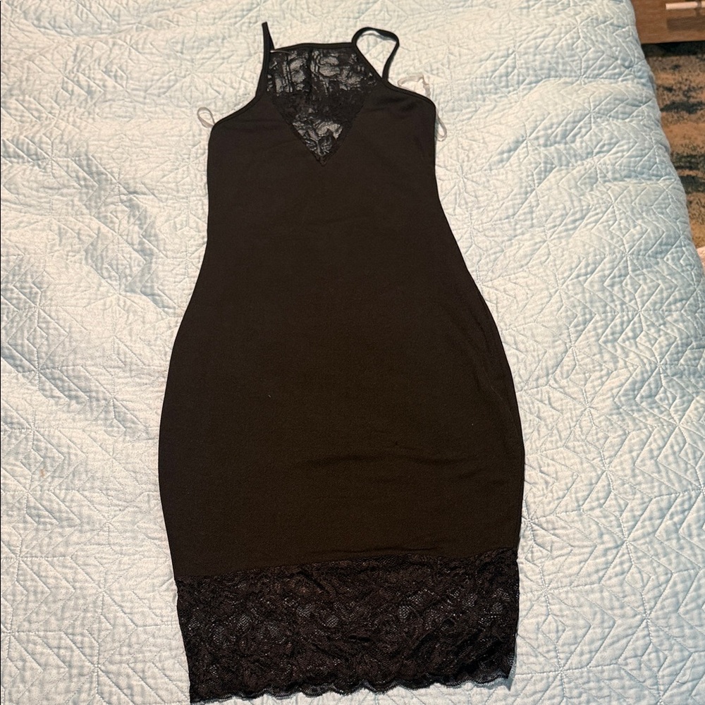 Black Lace Accent Bodycon spagetti strep slip Dress w lace sz S